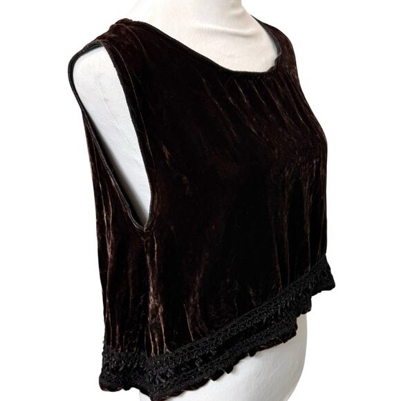 Lily Of The West Tops - VTG 100% Silk Velvet Lace Trim Boho Y2K Crop Top Dark Brown Sleeveless Festival